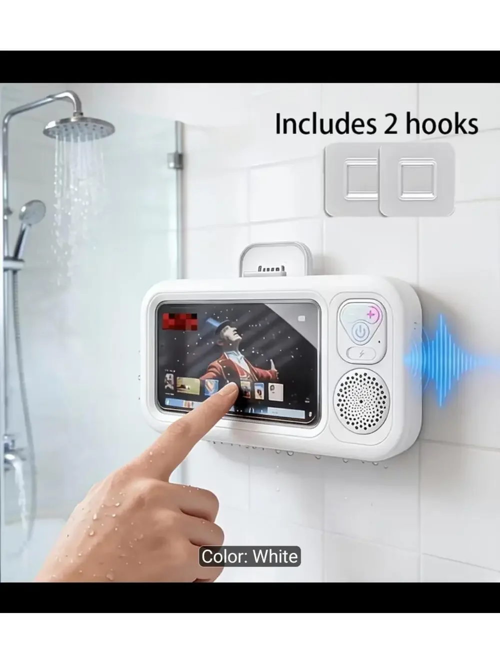 Black Shower Phone Holder with Wireless Bluetooth Speaker